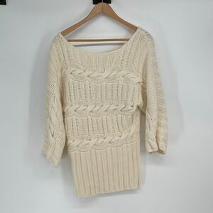 Bebe Cream Knit Cable Knit Boat Neck Long Sleeve Pullover Sweater Size M Grandma